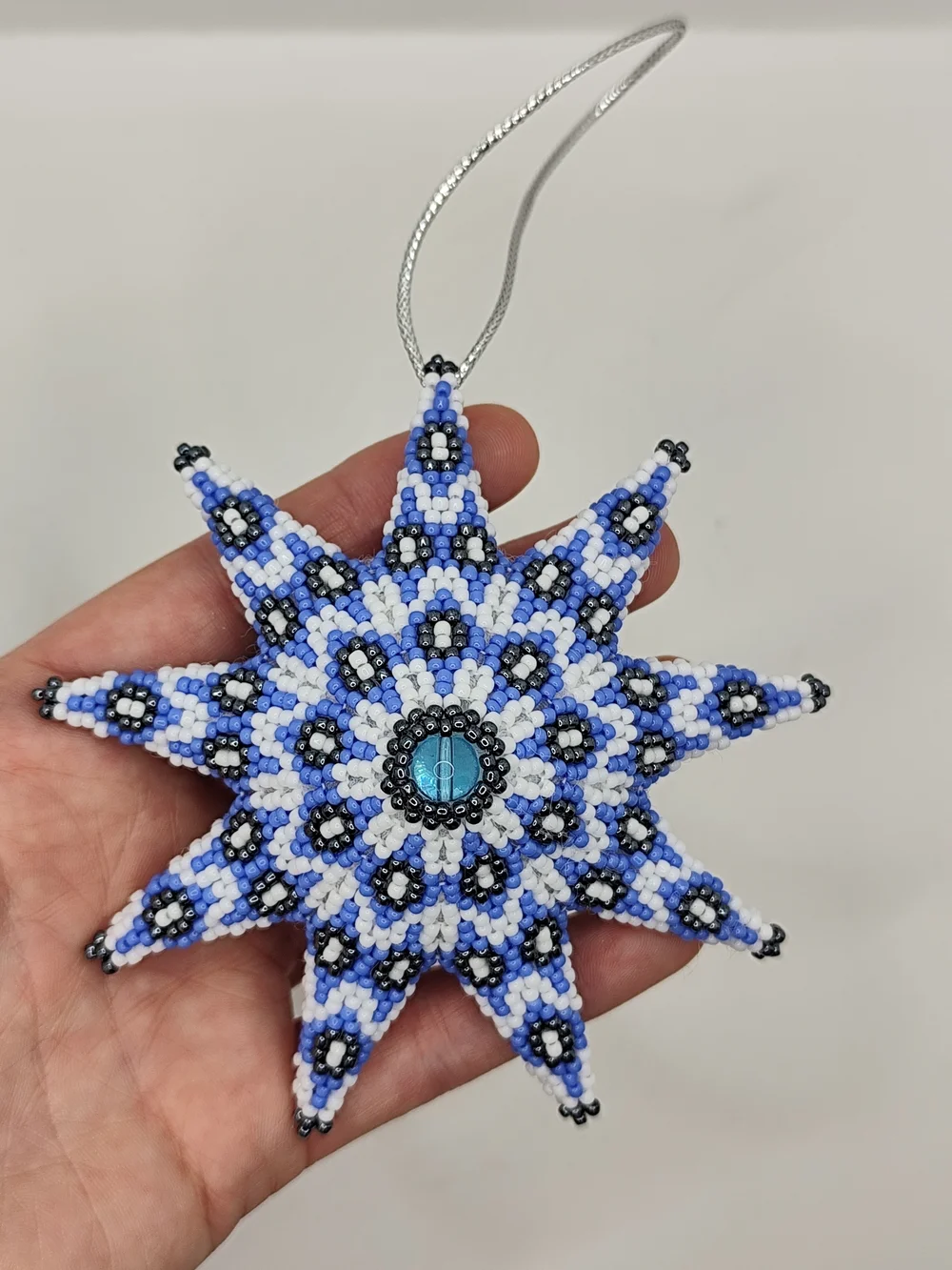 Beaded Starburst Ornament in Blue, White & Black - Holiday Hanging Decoration